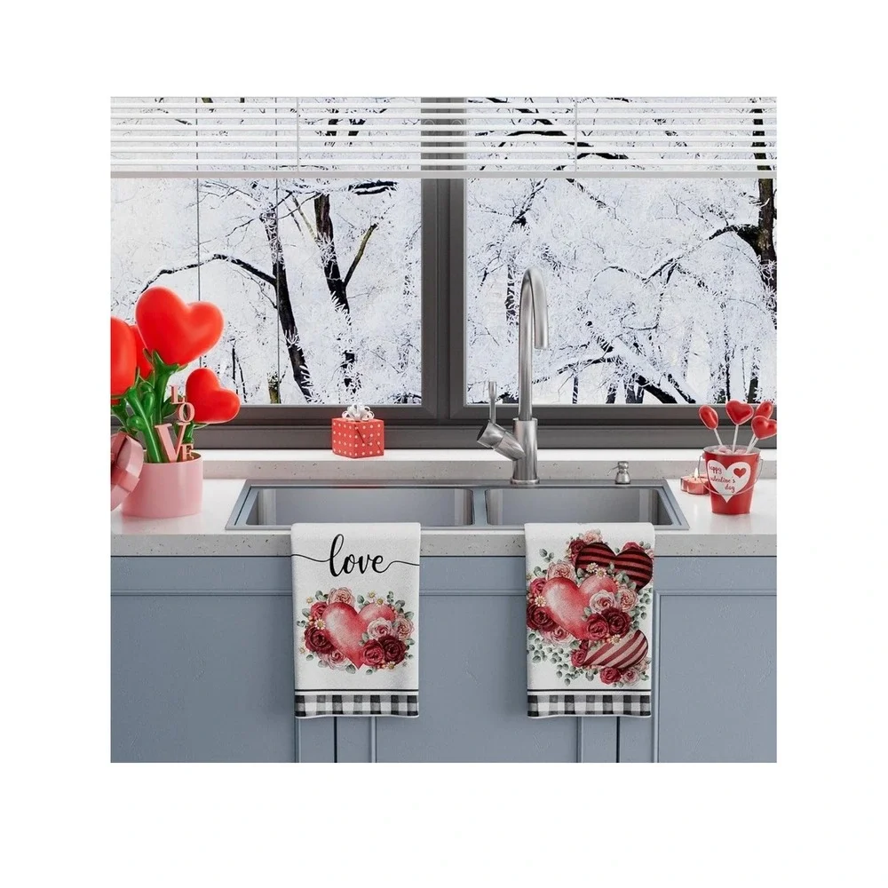 Heart‎ Floral Kitchen Towels - Red & Pink Floral Set